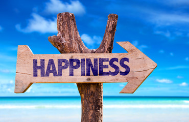Happiness wooden sign with beach background
