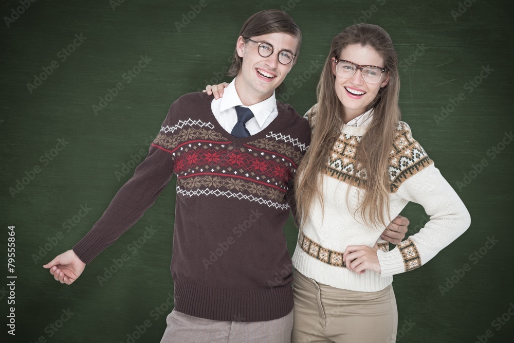 Poster composite image of happy geeky hipster couple embracing