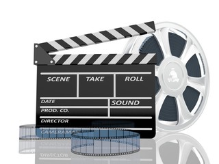 3d illustration of cinema clap and film reel, over white