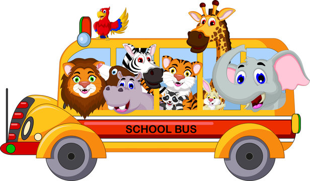 animal cartoon on a school bus