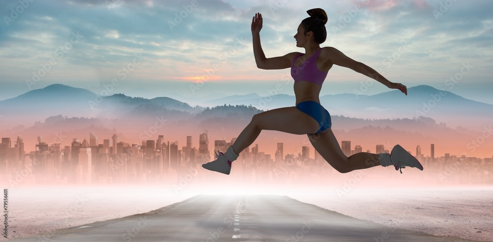 Poster Composite image of fit brunette running and jumping