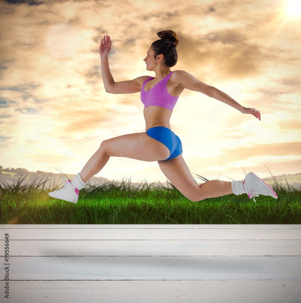 Poster composite image of fit brunette running and jumping