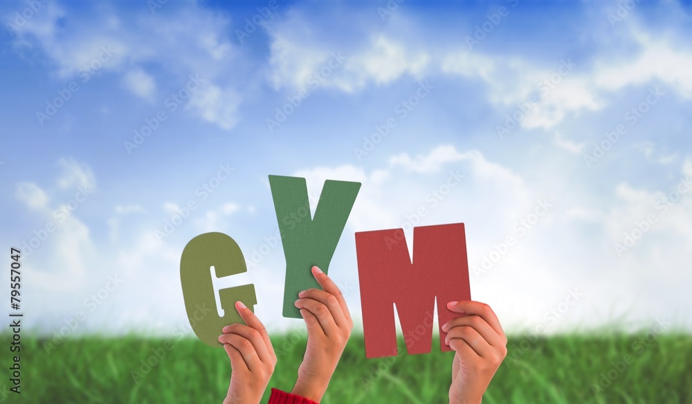 Poster composite image of hands holding up gym