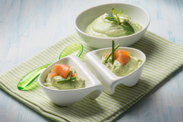 appetizer with smoked salmon and avocado cream