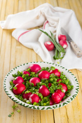 Bowl of red radishes and green onions on a wooden background