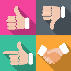 Set of hands with fingers on different backgrounds in flat