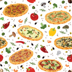 seamless pattern with different pizza and spices