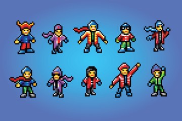 winter sport fans pixel art style avatars