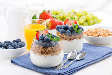 delicious dessert with cream, fresh berries and muesli
