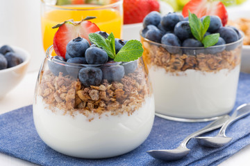 dessert with cream, fresh berries and granola, close-up