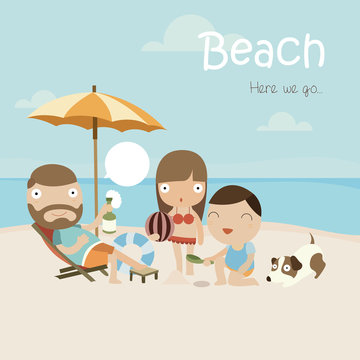 Vector illustration of family with dog at the beach