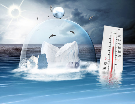 Klimaerwärmung, Thermometer, Eisberge mit Glasglocke im Ozean