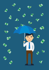 Businessman open an umbrella in a rain of money