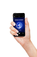 hand holding mobile phone with mobile payment isolated over whit