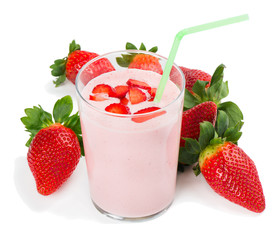 Fresh strawberry fruits and smoothie in a glass