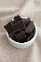 Broken dark chocolate in a bowl