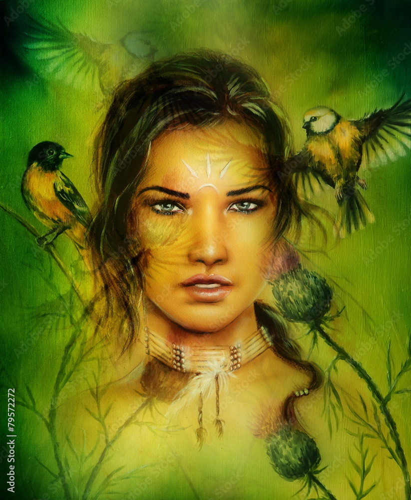 Wall mural portrait of a young enchanting woman face with birds, on green p