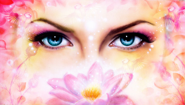  blue women eyes beaming up enchanting from behind a blooming ro