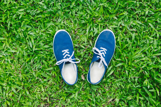 Blue sneakers on green grass