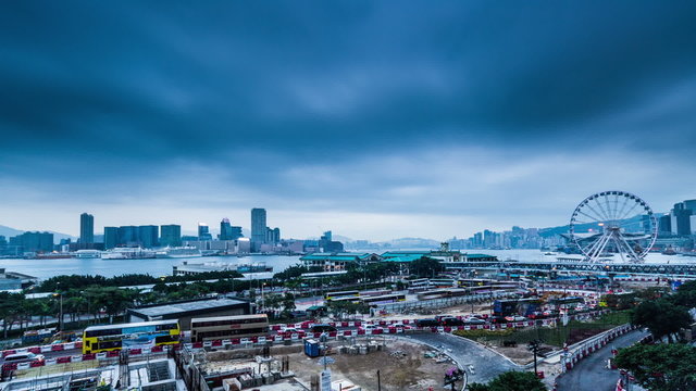  The bird view of the traffic and project near the harbour,Hong Kong,China 
