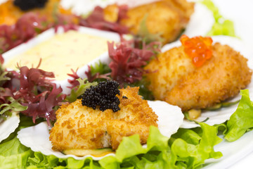 scallops in batter decorated eggs and salad