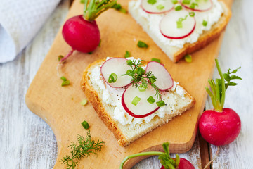 Sandwich with cottage cheese and radish,top view