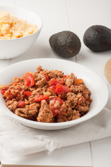 fried ground meat with tomatoes ready for tacos