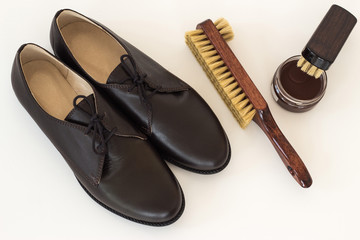 Isolated brown shoes and means on care of footwear - shoe-polish
