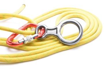 Carabinner rope and figure eight isolated on white