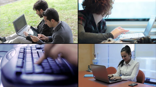 people working with notebook and tablet computer: 4k composite
