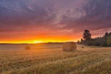 Straw bales on field against sky