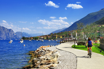 Lago di Garda activities beautiful lake in north of Italy - obrazy, fototapety, plakaty