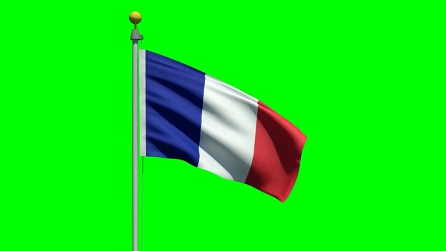 Flag of France waving in the wind on a green screen.