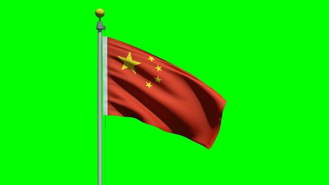 Flag of China waving in the wind on a green screen.