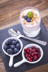 Delicious dessert with fruits and flakes