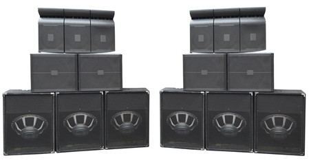Old powerful stage concerto audio speakers isolated on white