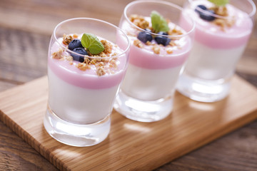 Delicious dessert with fruits and flakes