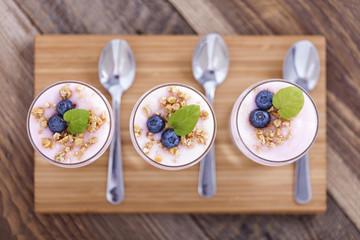 Delicious dessert with fruits and flakes