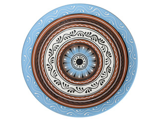 handmade ornated pottery plate isolated on white