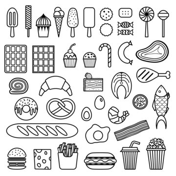 Icon of sweets, fast food, meat and fish