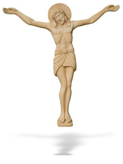 Wooden statue of The crucified Jesus Christ isolated over white
