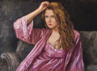 oil portrait of a woman relaxes - 79594011