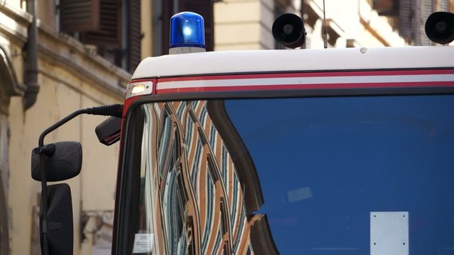 Views of an Italian firetruck in the city of Rome.