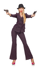 Young woman gangster with gun on white