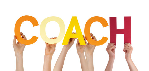 Many People Hands Holding Colorful Straight Word Coach