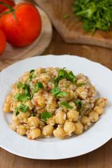 Chickpeas with rice and tomato sauce. Healthy vegan food