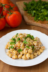 Chickpeas with rice and tomato sauce. Healthy vegan food