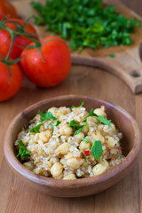 Chickpeas with rice and tomato sauce. Healthy vegan food