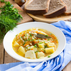 Traditional Russian cabbage soup with proso millet and potato