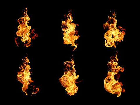 Fire flames collection isolated on black background